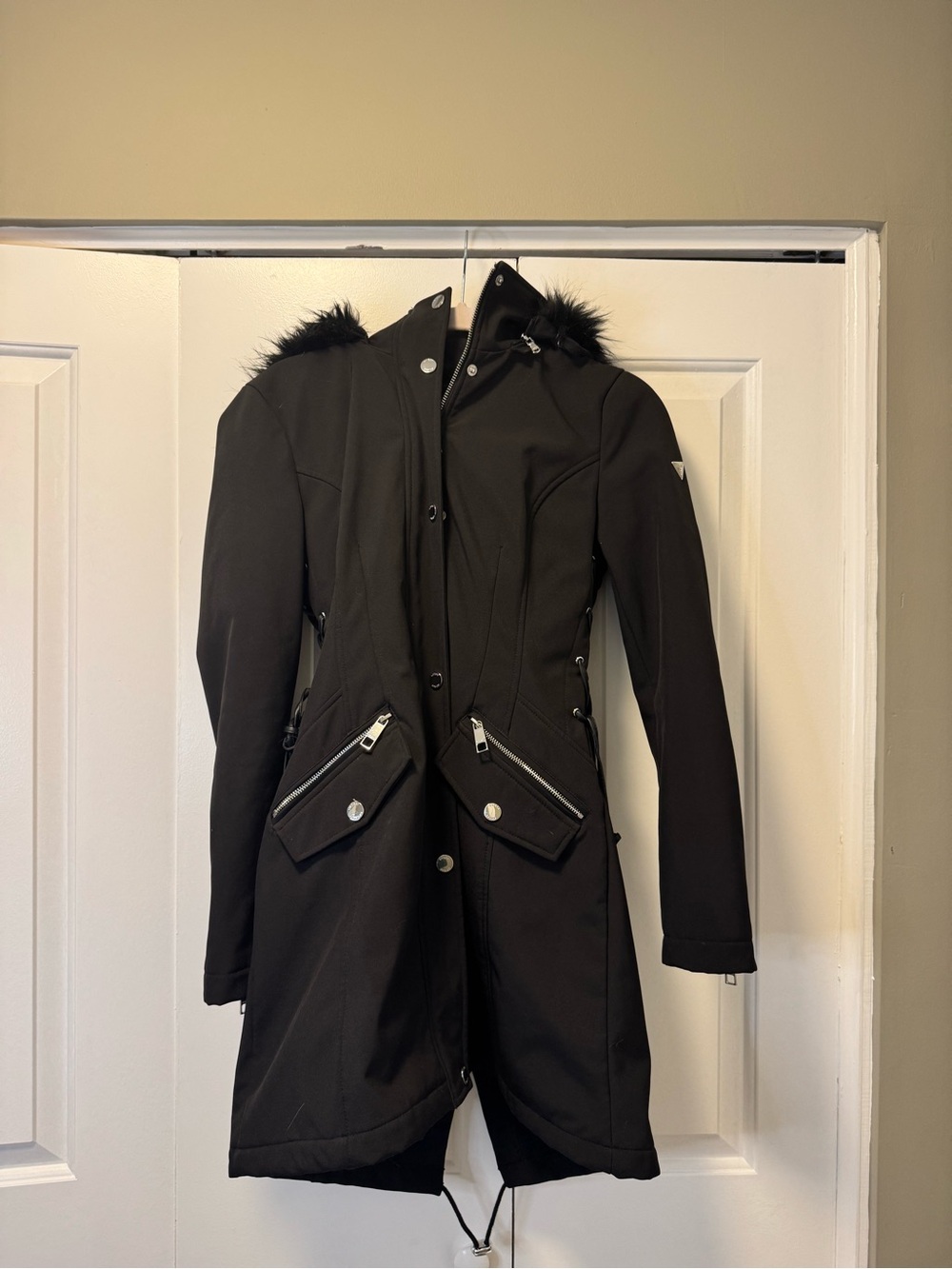 Guess Black Hooded Trench Coat with Faux-Fur Trim